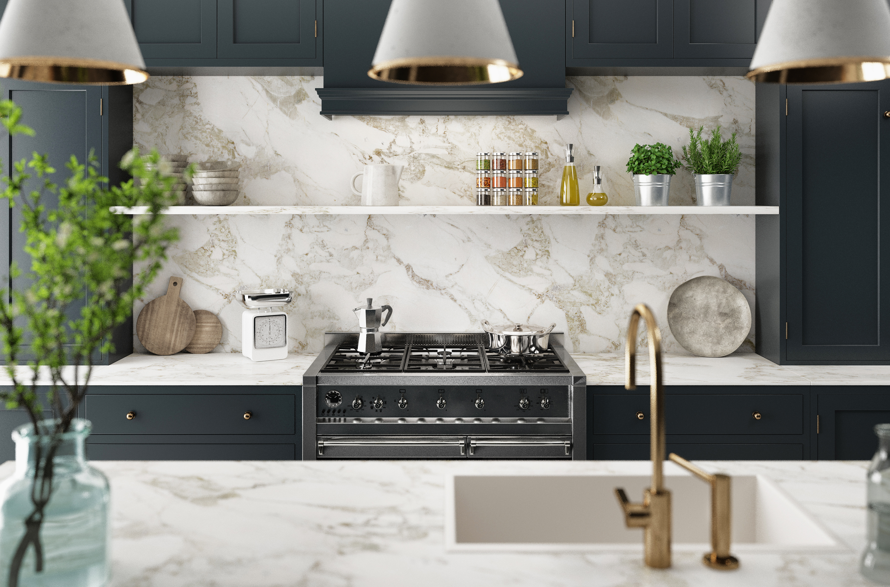 Bold Navy Cabinets with Dramatic Marble Backsplash